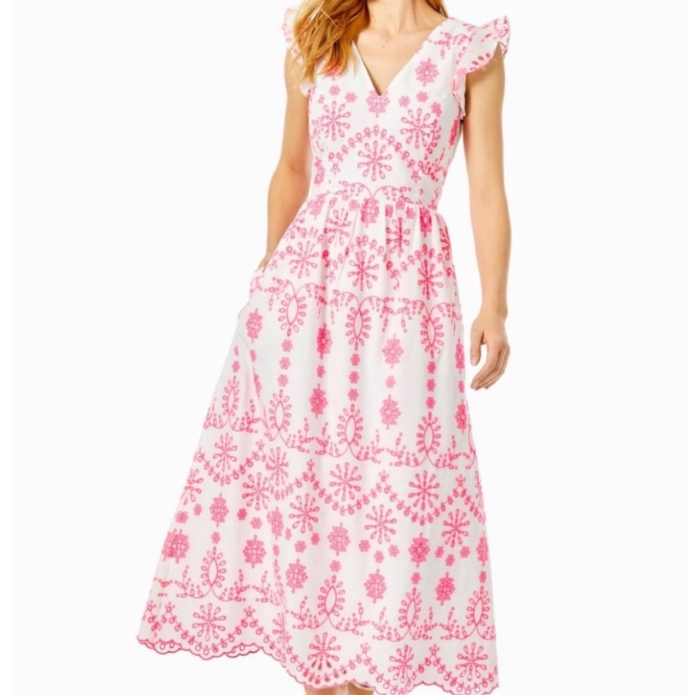 Lilly Pulitzer Pink and White Tiered Maxi Dress with Flutter Sleeves
